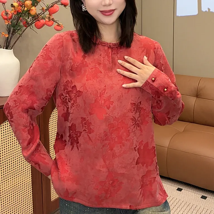 【米多多】常规款提花圆领花纹新中式国风百搭上衣女装010-1