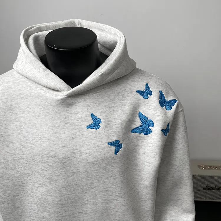 蝴蝶刺绣连帽卫衣男士秋冬100%纯棉重磅450G套头上衣情侣装外套男