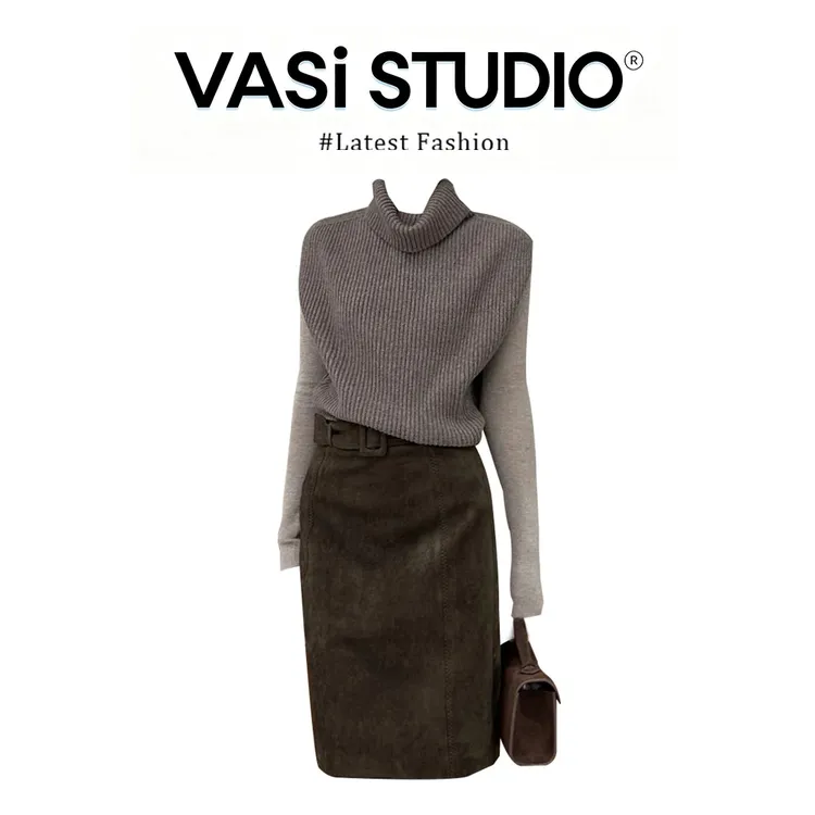 流行高级感高领毛衣针织衫背心叠穿内搭打底衫半身裙时尚套装女潮