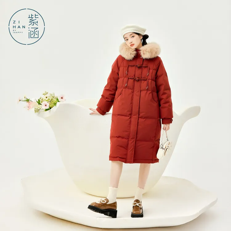 紫涵连帽狐狸毛领长款羽绒服冬季新款百搭加厚外套女Z4Z0JDS368