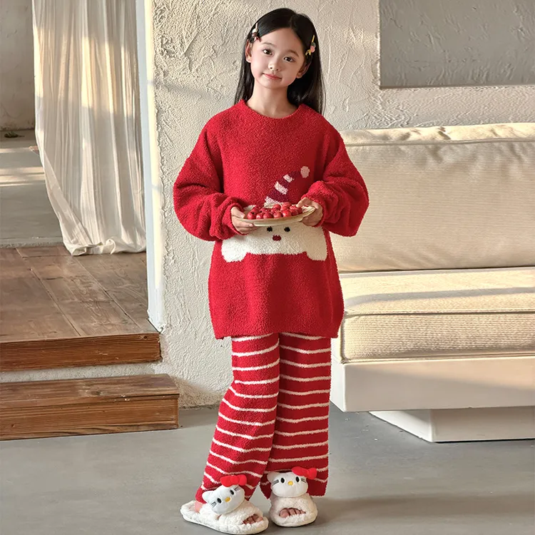儿童冬季加厚保暖半边绒睡衣2025新款女孩卡通奶油小狗家居服套装