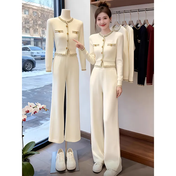 巨好看冬装一整套女2026新款小香风大方得体白色针织衫阔腿裤套装