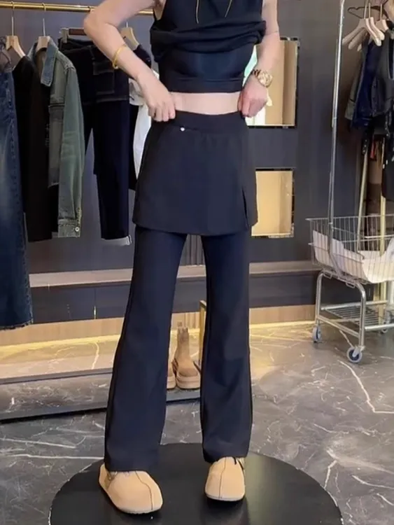 2025秋季新款黑色简约窄版微喇裤子大码女装高腰显瘦弹力休闲裤裙