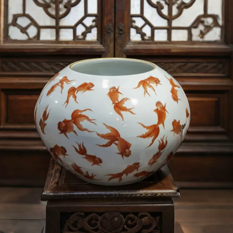 鱼缸瓷器矾红彩金玉满堂尺寸大包邮