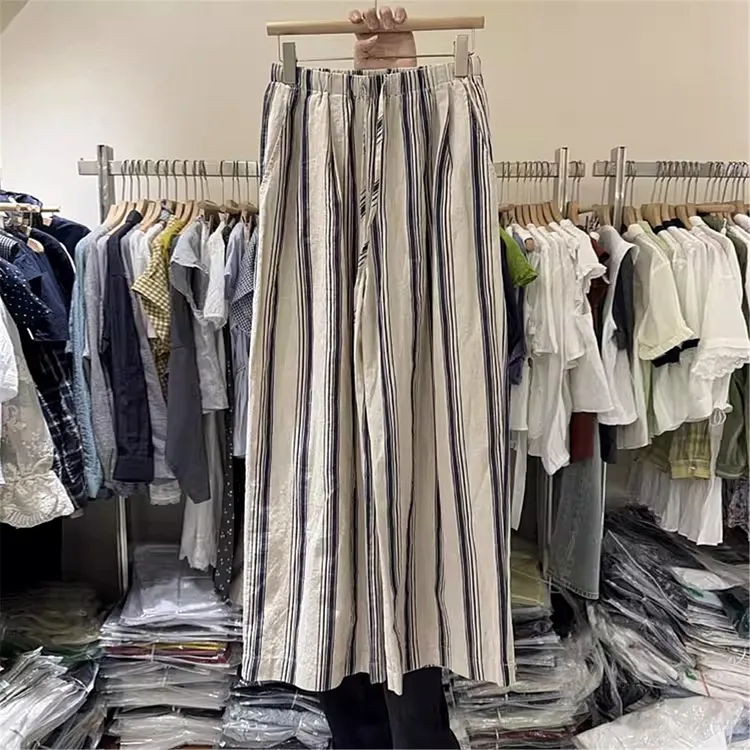 天丝休闲裤女夏季2025新品百搭条纹系带松紧腰直筒宽松阔腿裤长裤
