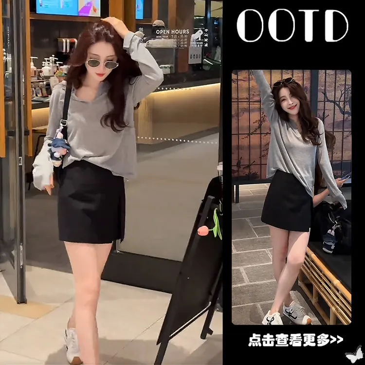 秋季流行穿搭一整套女2025新款韩版翻领长袖T恤高腰裙裤两件套