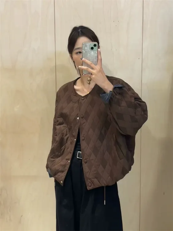 欧货菱形格小个子短款棉衣外套女秋冬宽松休闲拼接袖口设计感夹克