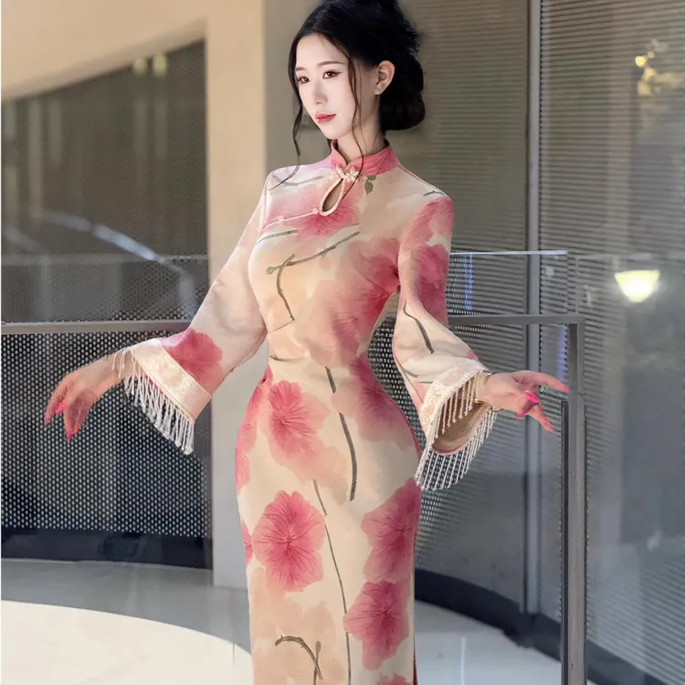 【鎏金上新】新款原创自制秋冬厚款显瘦倒大袖旗袍 粉荷花倒大袖