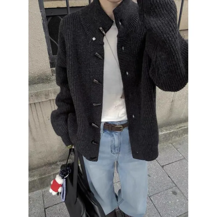 【黑灰牛角扣】复古牛角扣深灰慵懒风加厚气质宽松针织开衫女毛衣