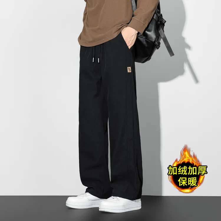 男士加绒抗皱休闲裤直筒宽松加厚保暖秋冬季裤子松紧腰加大码男裤