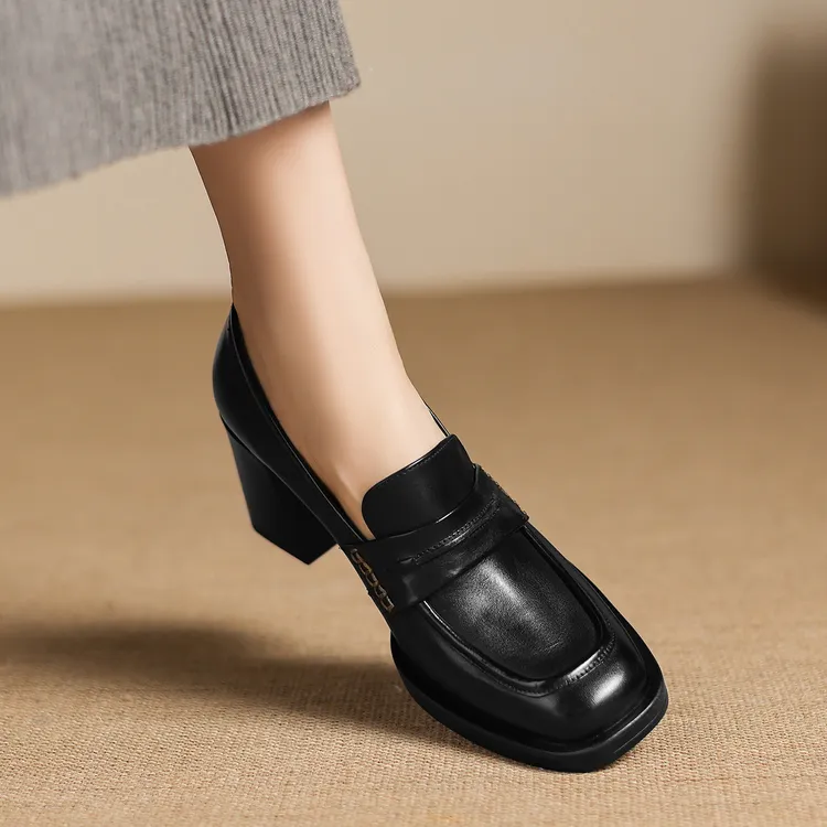 修悦2026春季新款高跟鞋英伦风方头乐福鞋女粗跟一脚蹬黑色小皮鞋