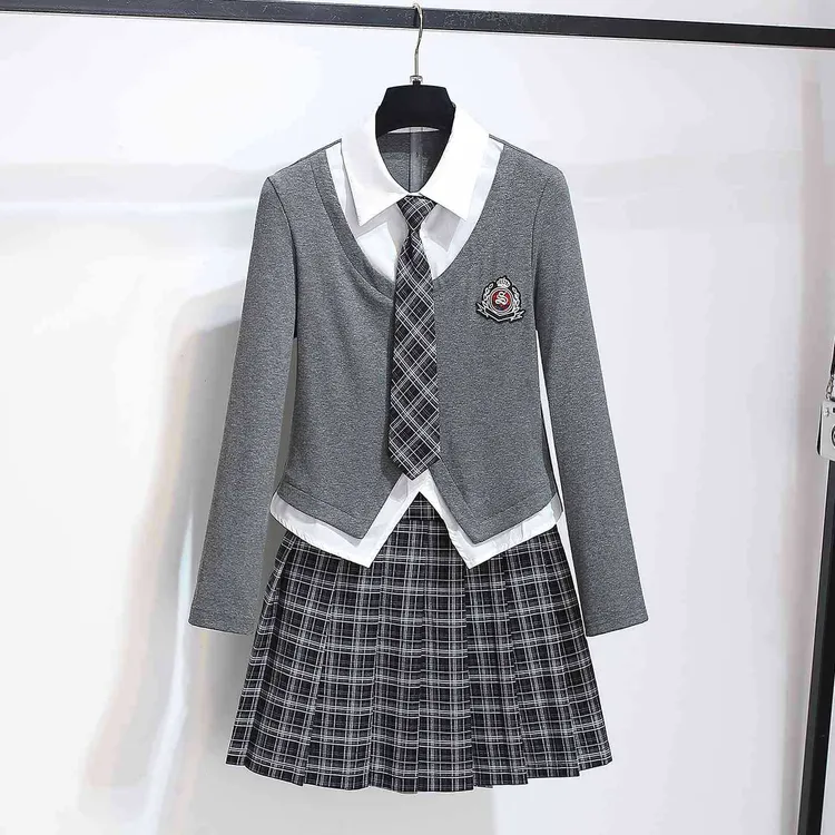 靓丽潮流~假两件长袖衬衫百褶短裙2025秋季学院风jk制服两件套装