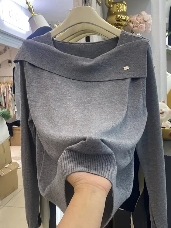 宽松显瘦【80-180斤】大码胖妹妹法式一字领针织上衣女秋冬打底衫