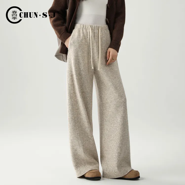 巨好看的冬季裤子米色毛呢阔腿裤女2025新款宽松休闲直筒裤糯米裤