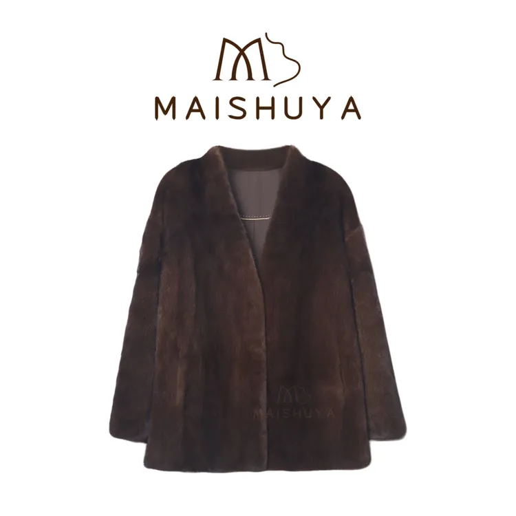 【阿飒】进口水貂海宁皮草貂皮大衣100%水貂品质皮草V领简约外套