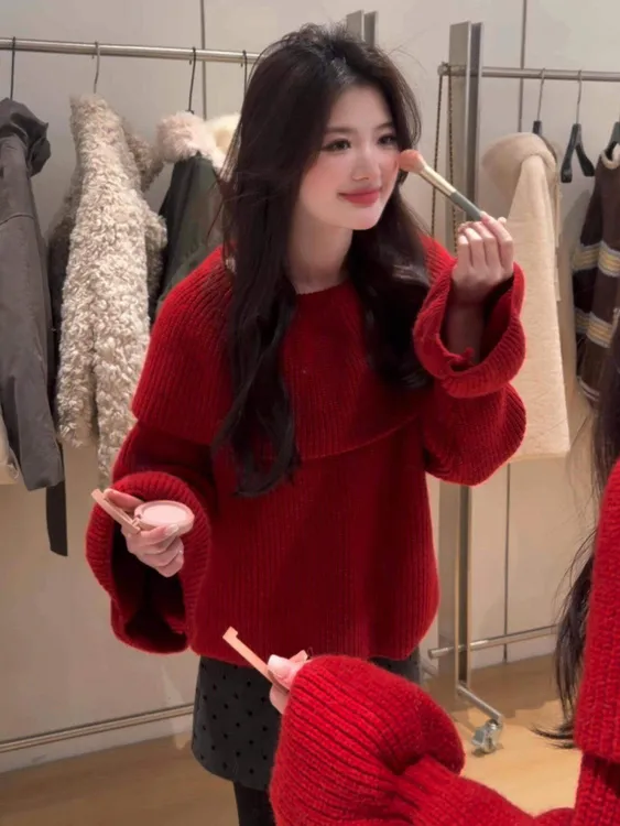 法式荷叶边一字肩喇叭袖红色毛衣女装秋冬气质慵懒设计感针织上衣