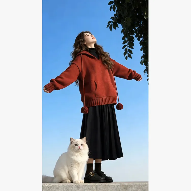 时尚穿搭一整套女2025新款韩版气质独特连帽针织上衣半身裙两件套