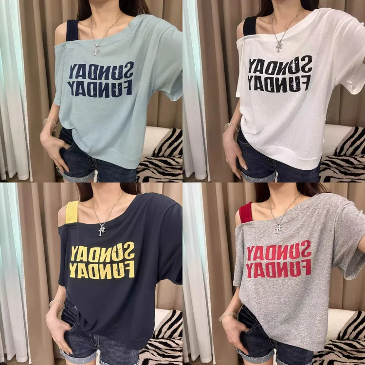 【工厂直发】宽松型韩版斜肩撞色字母休闲印花短袖T恤女装2025夏季