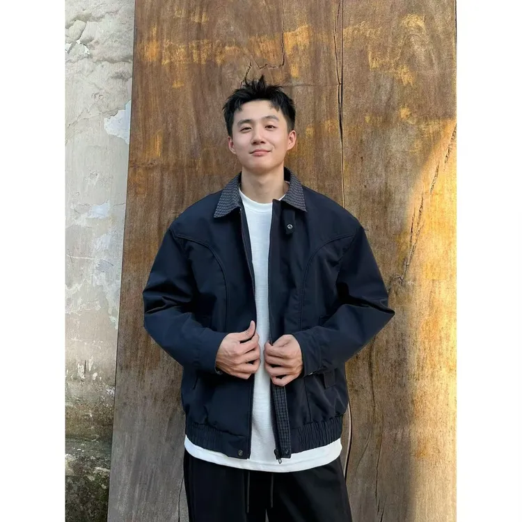 BIG林 美式复古哈灵顿夹克早秋户外防风翻领撞色格子领外套K911