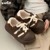 细细条 时尚系带户外板鞋棉鞋女冬季新款防滑保暖厚底毛毛面包鞋