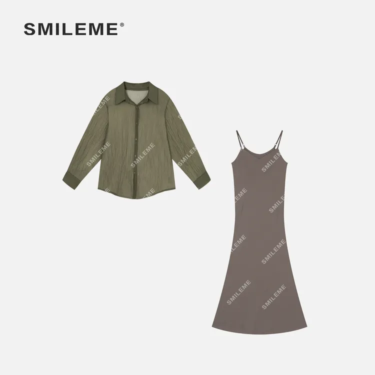 2-SMILEME【碧梧栖凤】夏季新款新中式绿幽灵长袖衬衫连衣裙套装