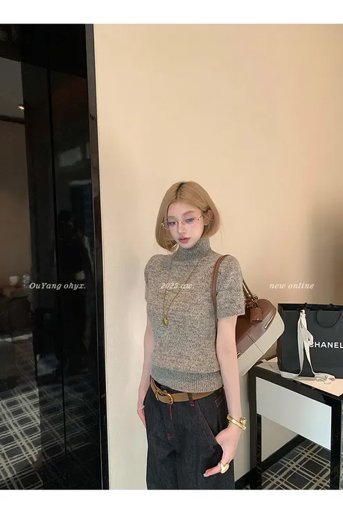 高领短袖毛衣女春秋季新款设计感小众针织衫打底港风复古灰色上衣