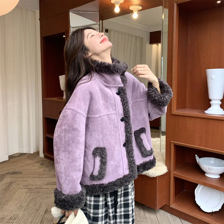 紫色千金感麂皮绒皮毛一体仿羊羔毛外套女冬季2025款气质加厚棉服