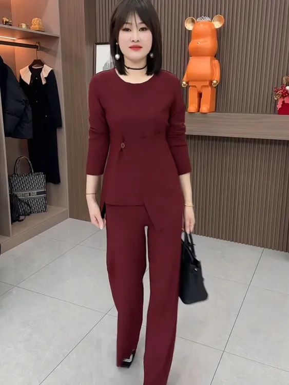 高级感气质显瘦不规则长袖上衣直筒阔腿裤时尚套装女春季新款