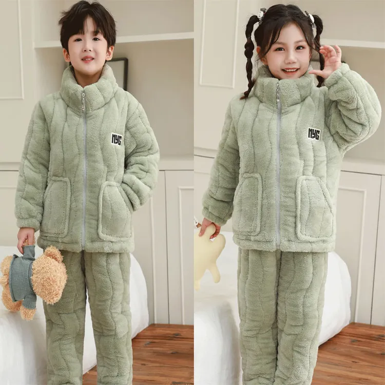 亲子儿童睡衣新款冬季男童女孩拉链三层夹棉加绒加厚家居服可外穿