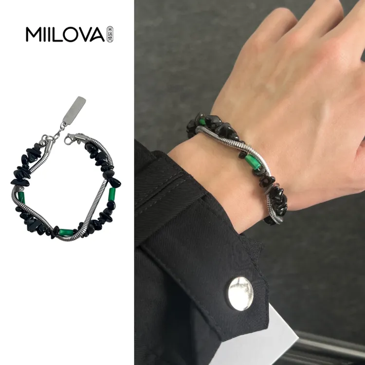 钛钢手链 黑碎石双层蛇骨链手链男女嘻哈欧美复古钛钢手饰个性ins