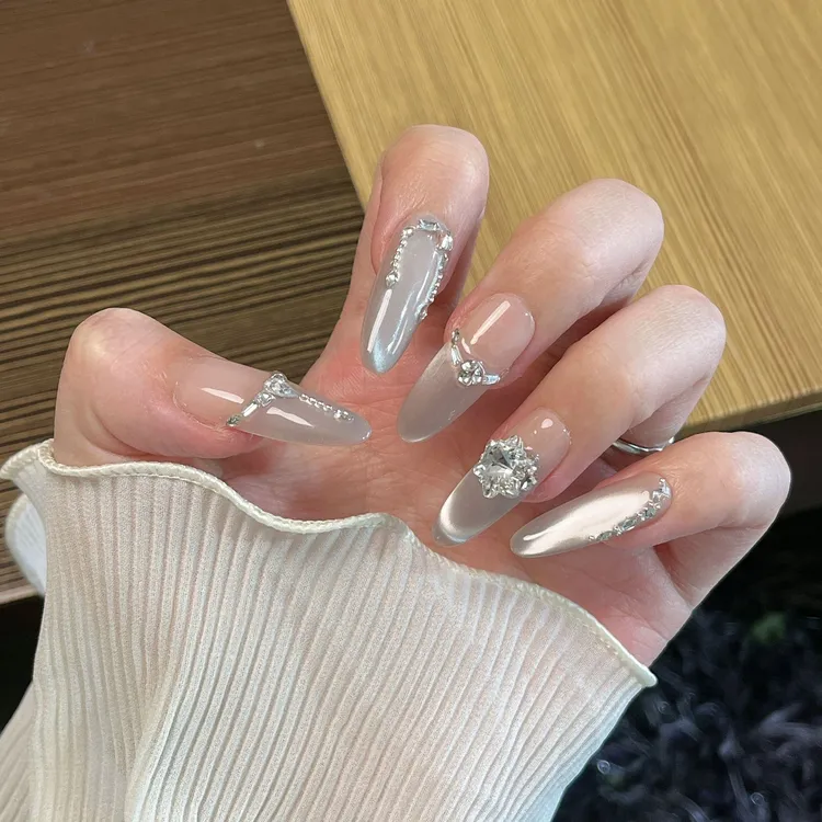 「笑靥」手工穿戴甲爆闪猫眼满钻中长款显白气质美甲10片