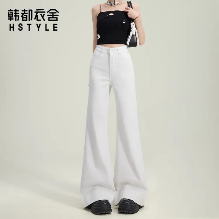韩都衣舍白色高腰喇叭牛仔裤女2025新款百搭宽松显瘦拖地不贴腿微