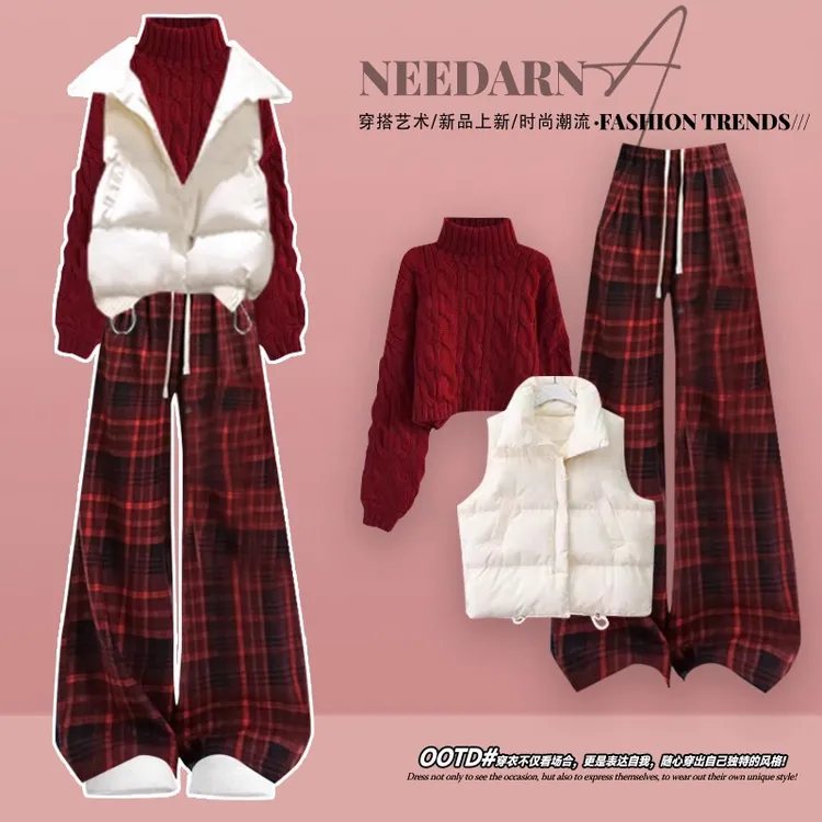 巨好看的红色系穿搭一整套针织毛衣深秋初冬季韩系叠穿马甲三件套