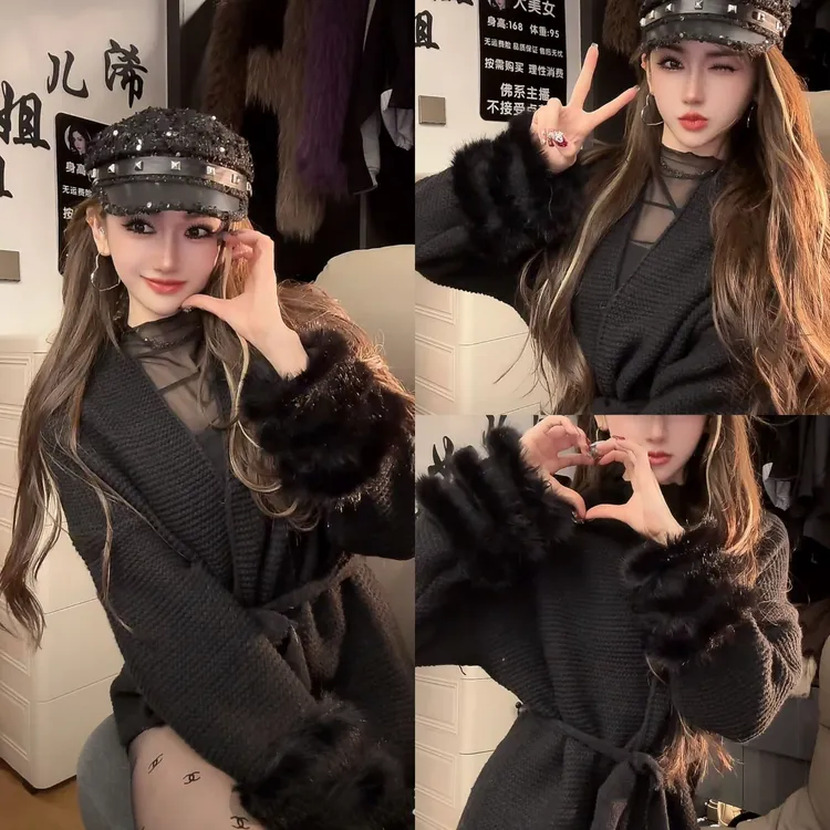 （浠儿姐姐）秋冬御姐风高级感气质翻领针织开衫女收腰加厚毛衣外套