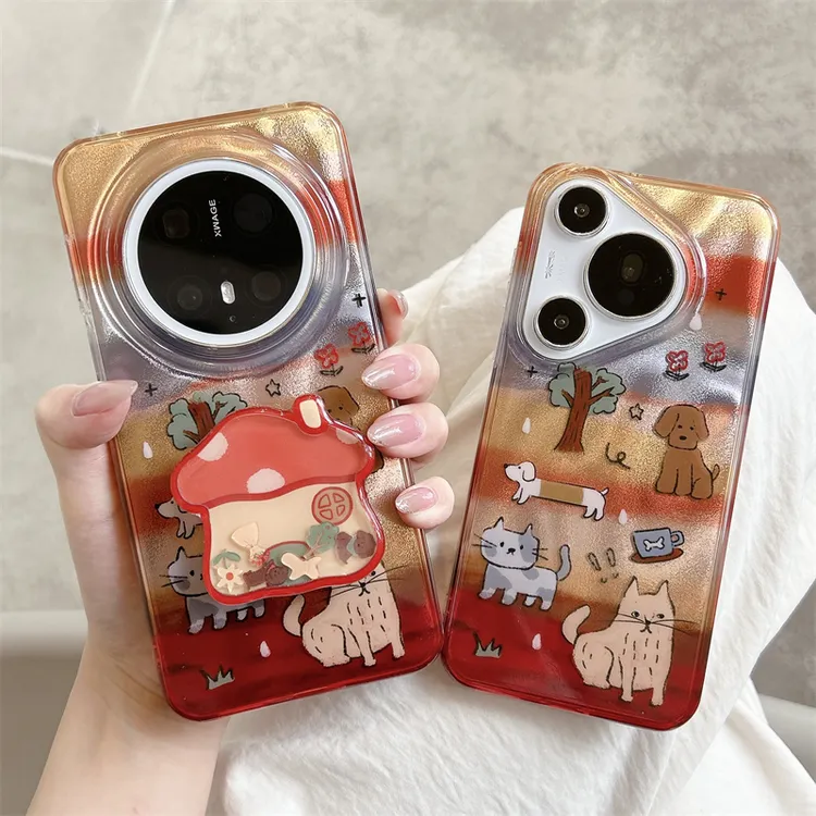 适用华为pura70手机壳彩色条纹韩风卡通狗猫树mate60pro+硅胶防摔