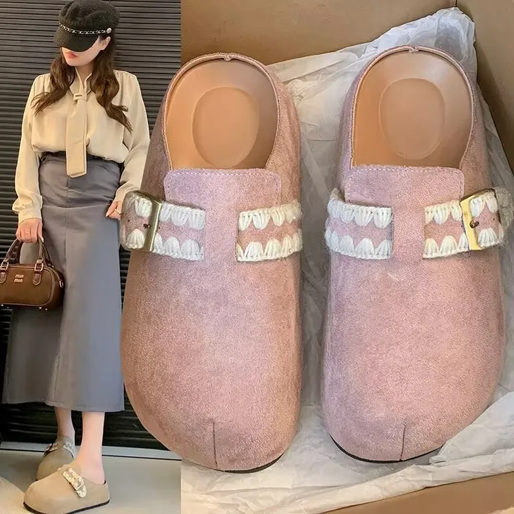 百搭极简风勃肯鞋女2025春新款设计感刺绣小个子包头拖鞋增高单鞋