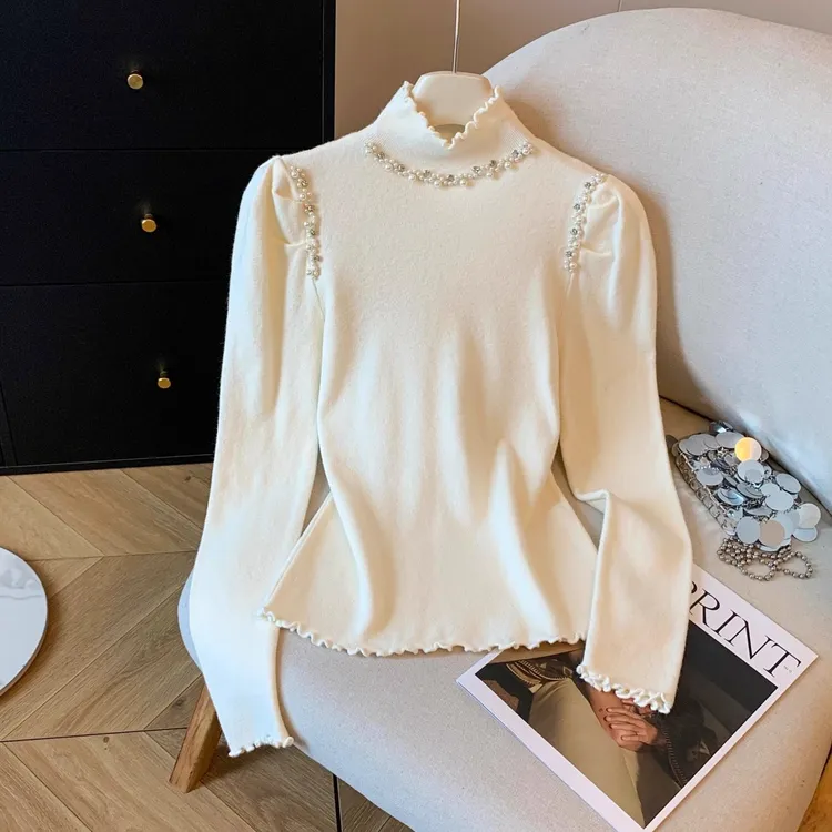 法式木耳边珍珠半高领打底衫上衣女2025秋冬独特别致修身内搭毛衣