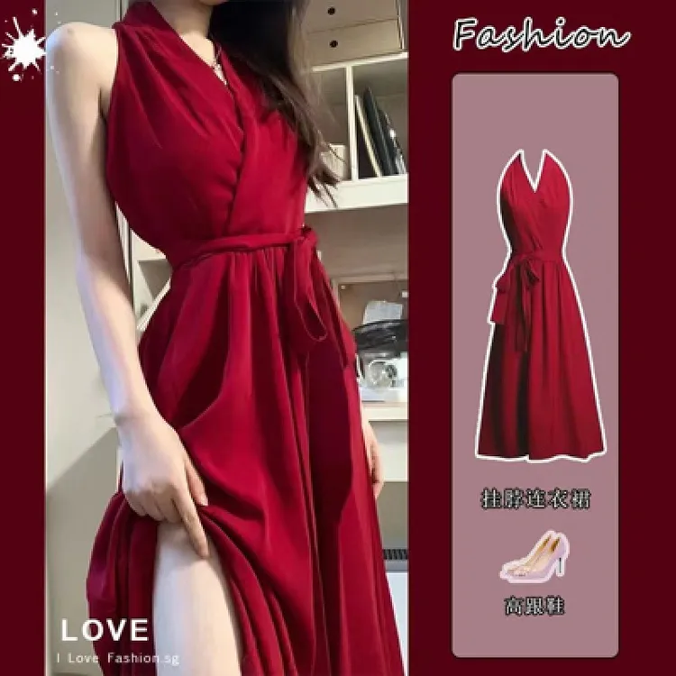 红色挂脖修身连衣裙女新款字裙收腰绑带中长裙气质优雅纯欲风格