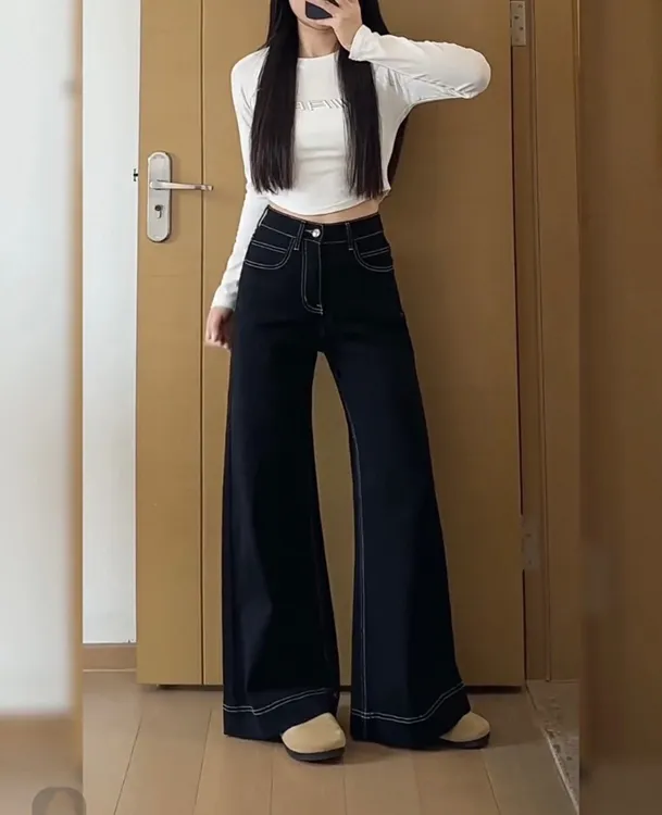 蓝色原牛高腰阔腿牛仔裤女新款宽松慵懒显瘦蛮腰阔腿裤蛮腰E025