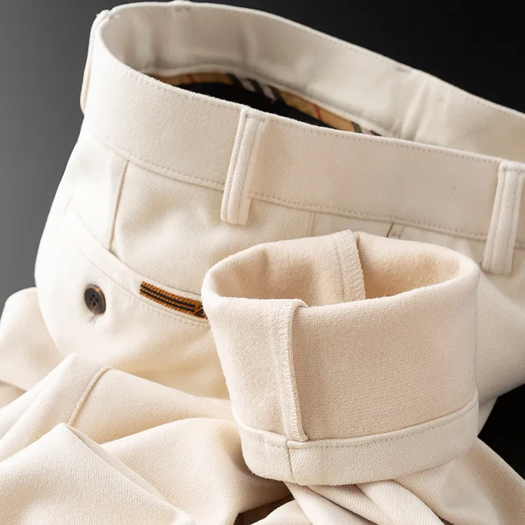 TXV冬季加厚款保暖柔软磨毛呢绒料休闲裤男修身加绒杏色裤子男士