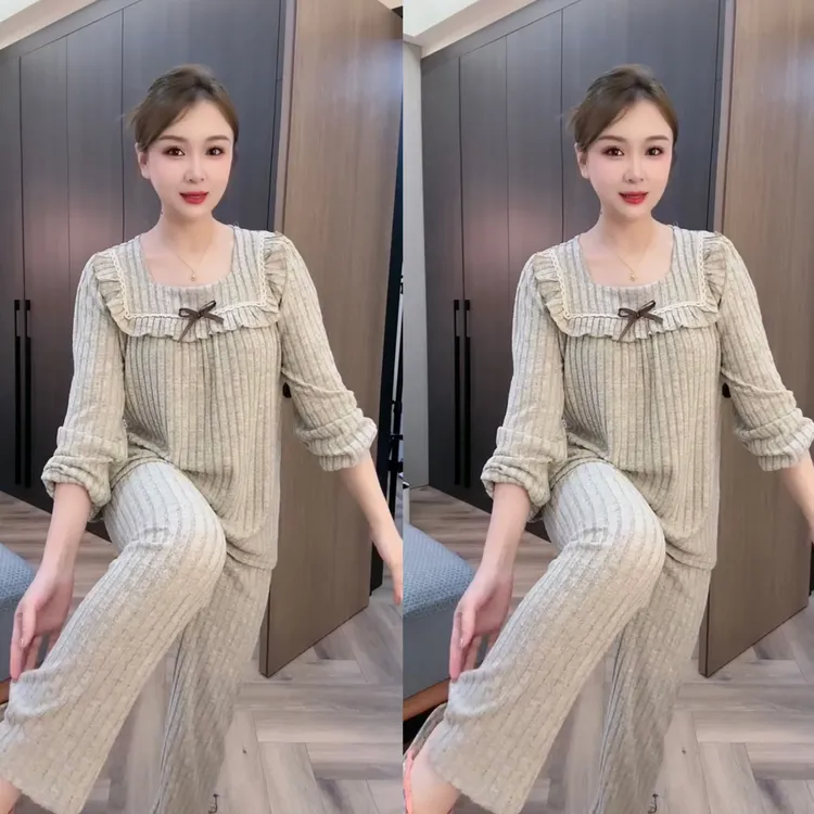 秋冬新款女士南韩绒休闲宽松舒适方领可外穿睡衣家居服套装时尚