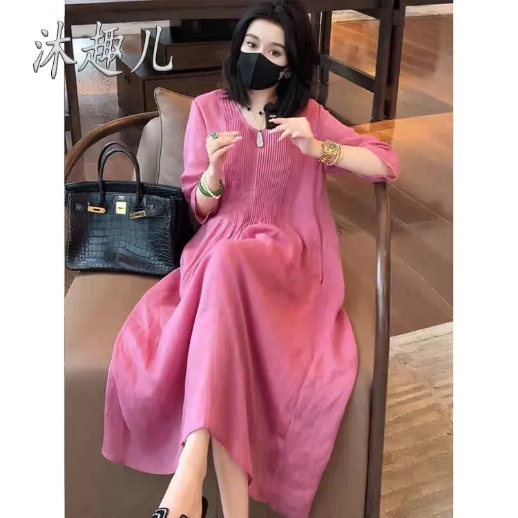 法式高级感短袖连衣裙女夏季淑女气质宽松显瘦风琴褶V领亚麻长裙