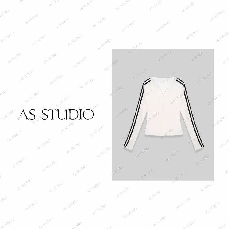 【AS织带衫】25新极简时尚小V领拼接舒适百搭上衣AS25CSY4163