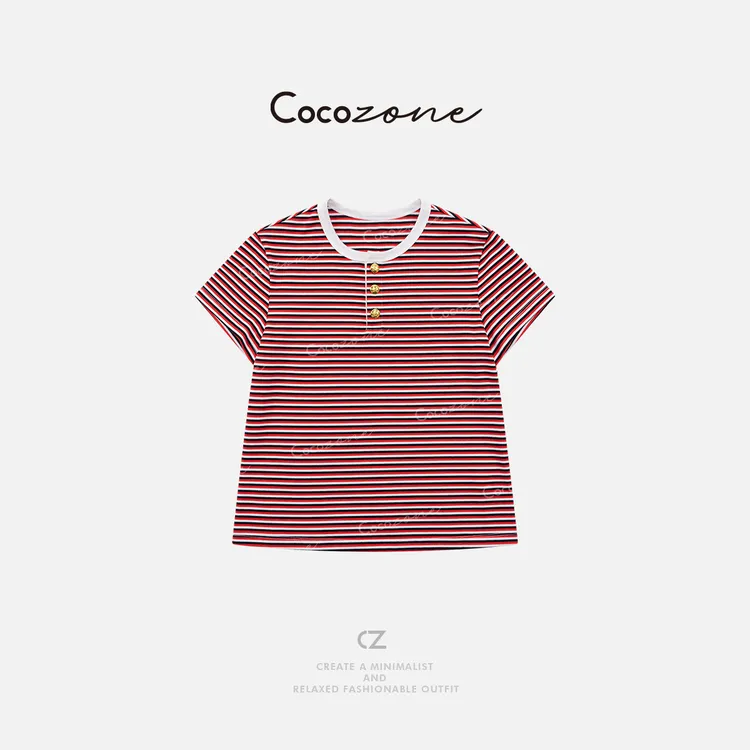 COCO ZONE 刘一一“凯旋T”100棉圆领撞色条纹短袖T恤CD1A1024