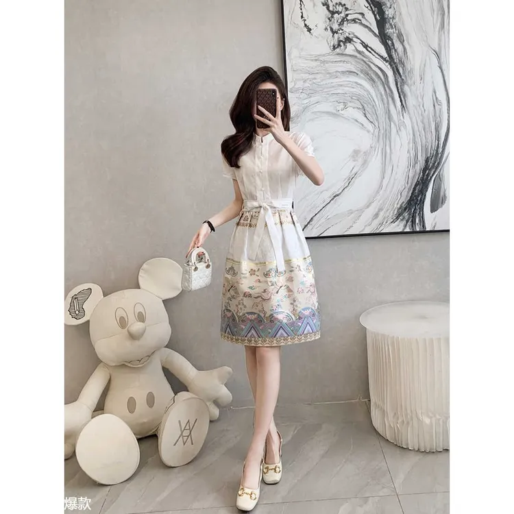 新中式国风刺绣马面裙女春夏季新款中长款时尚衬衫连衣裙日常通勤