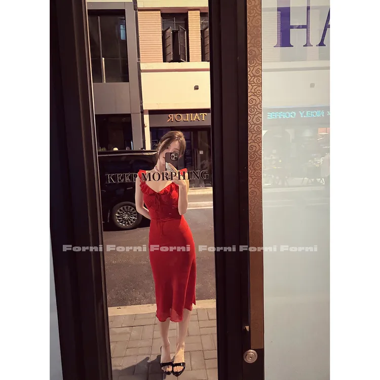 FORNI 仲夏夜蔷薇 法式仙女裙度假风荷叶边绑带吊带连衣裙