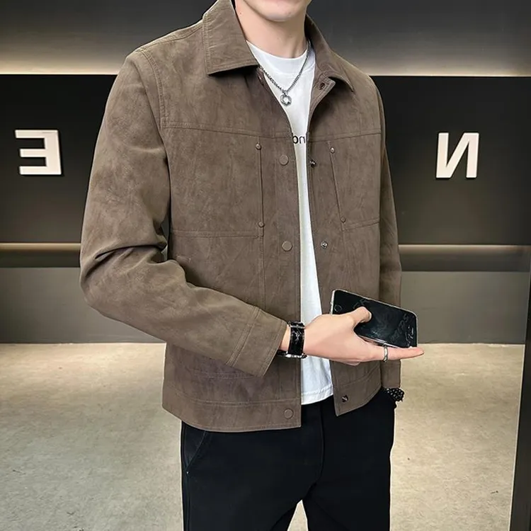 灏吉弧男士外套春秋季2025新款痞帅潮牌高端男上衣服潮流麂皮夹克