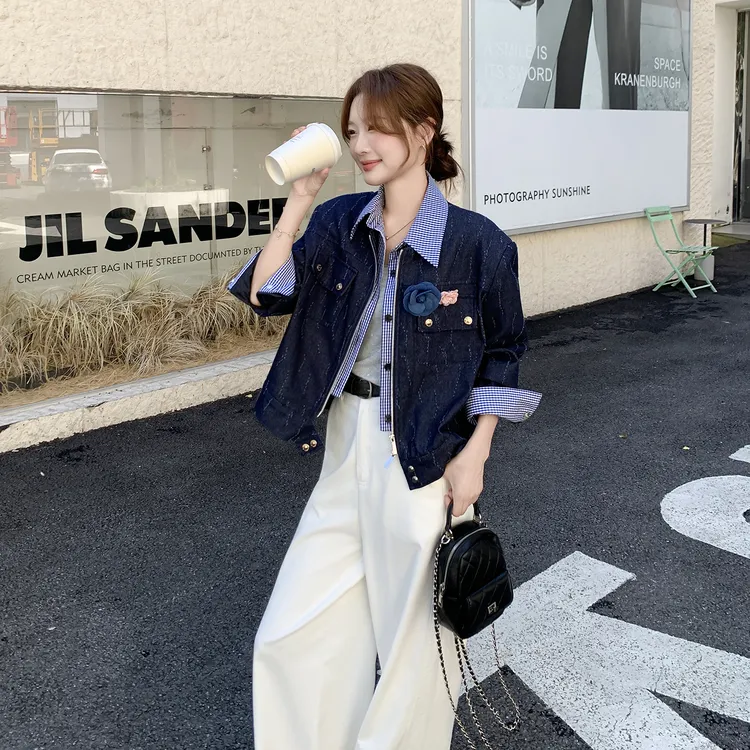 设计感格纹拼接小香风外套女2025秋季新款小个子洋气减龄短款夹克