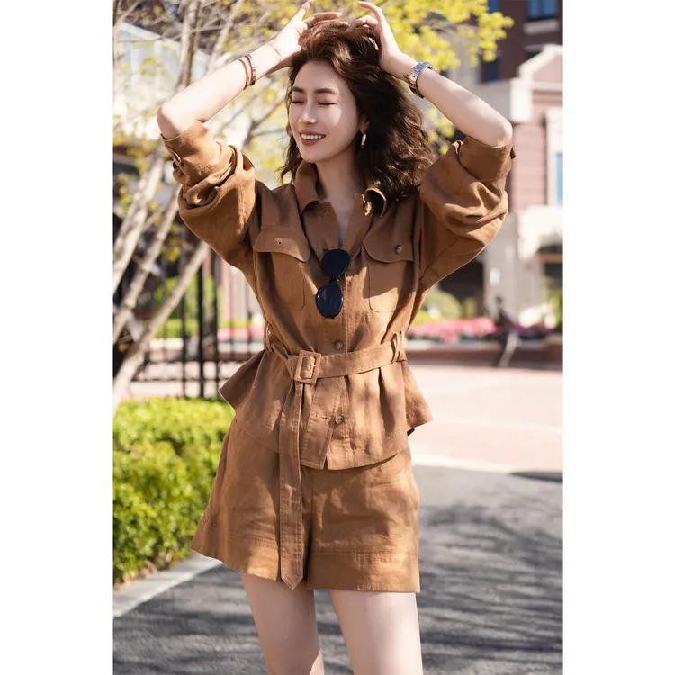 法式高级感复古工装夹克夏季女生贵气感衣服休闲阔腿短裤套装2025
