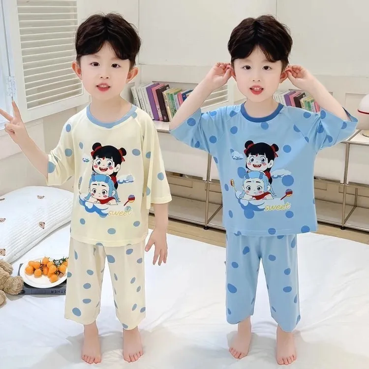 夏季爆款哪吒睡衣冰丝套装2025新款男女宝宝卡通七分儿童睡衣短袖